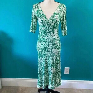 CAbi Green & White Floral Faux Wrap Midi Dress